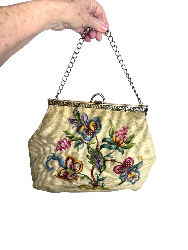 1960s Needlepoint Wool Purse With Metal Frame
